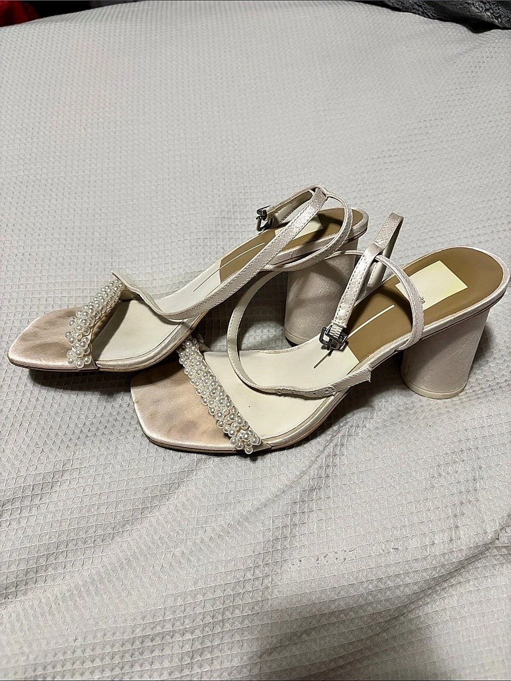 Dolce Vita Ysabel Pearl Heel Jeweled Strappy Heels in Beige